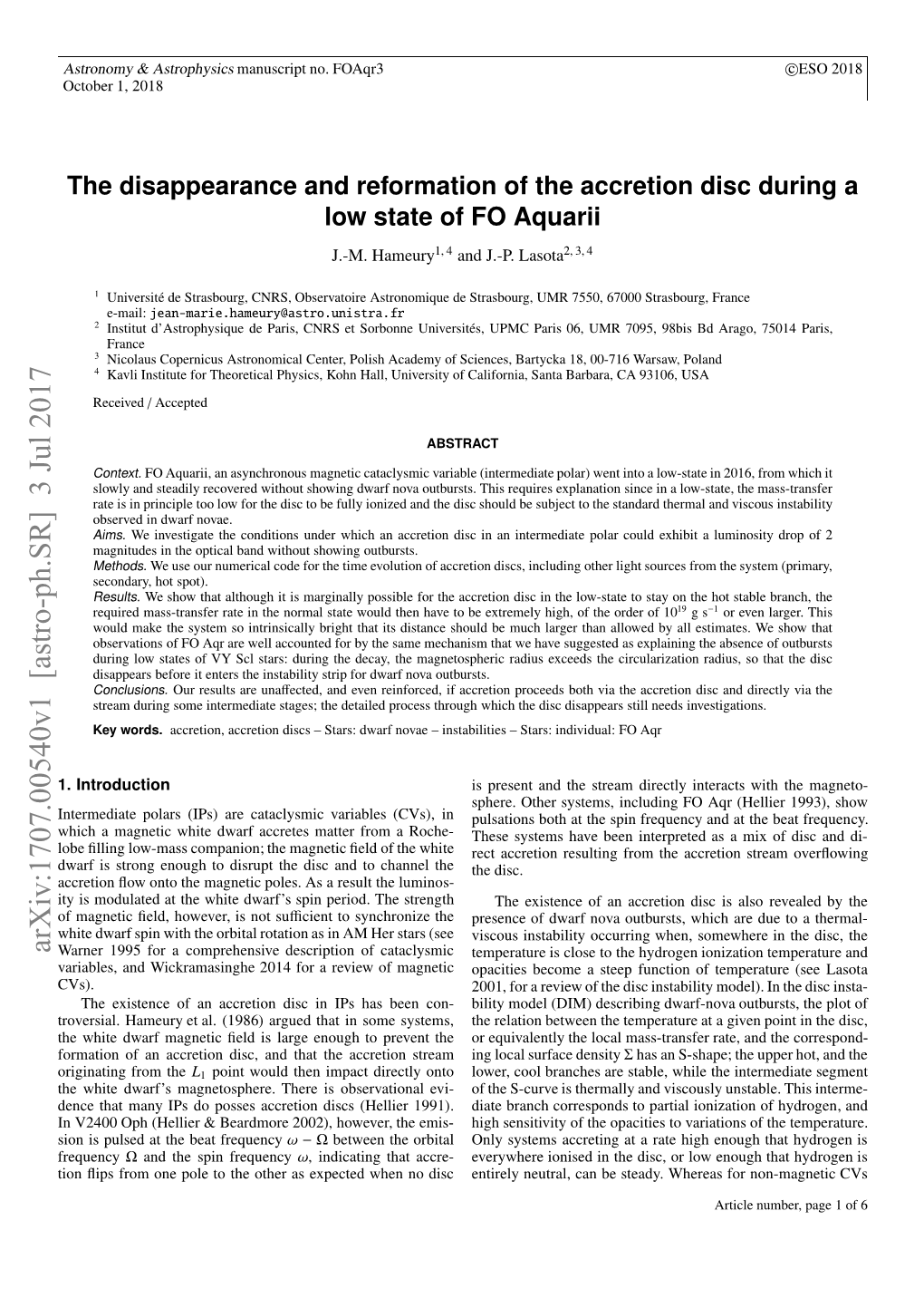The Disappearance and Reformation of the Accretion Disc During a Low State of FO Aquarii
