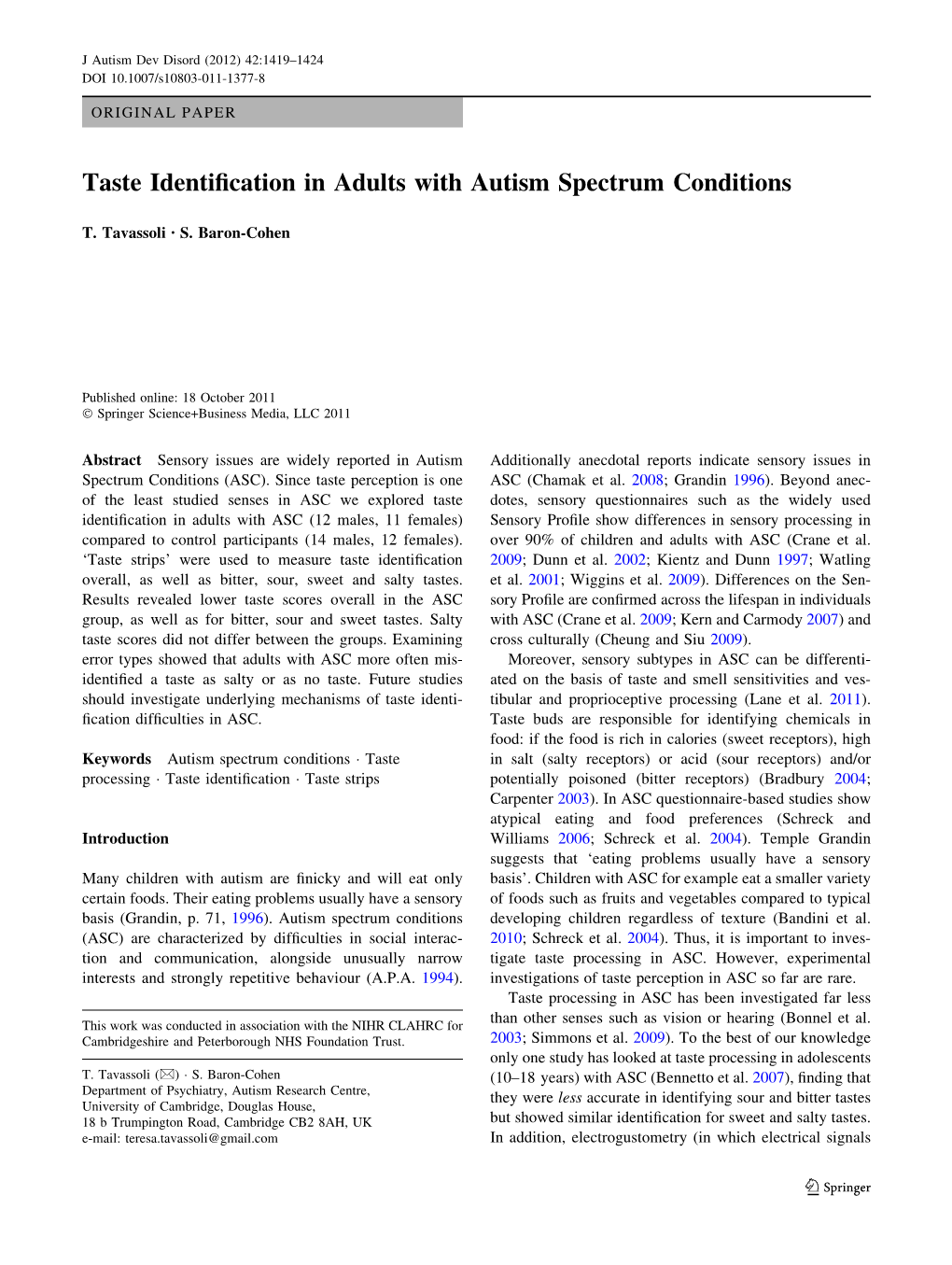 Taste Identification in Adults with Autism Spectrum Conditions