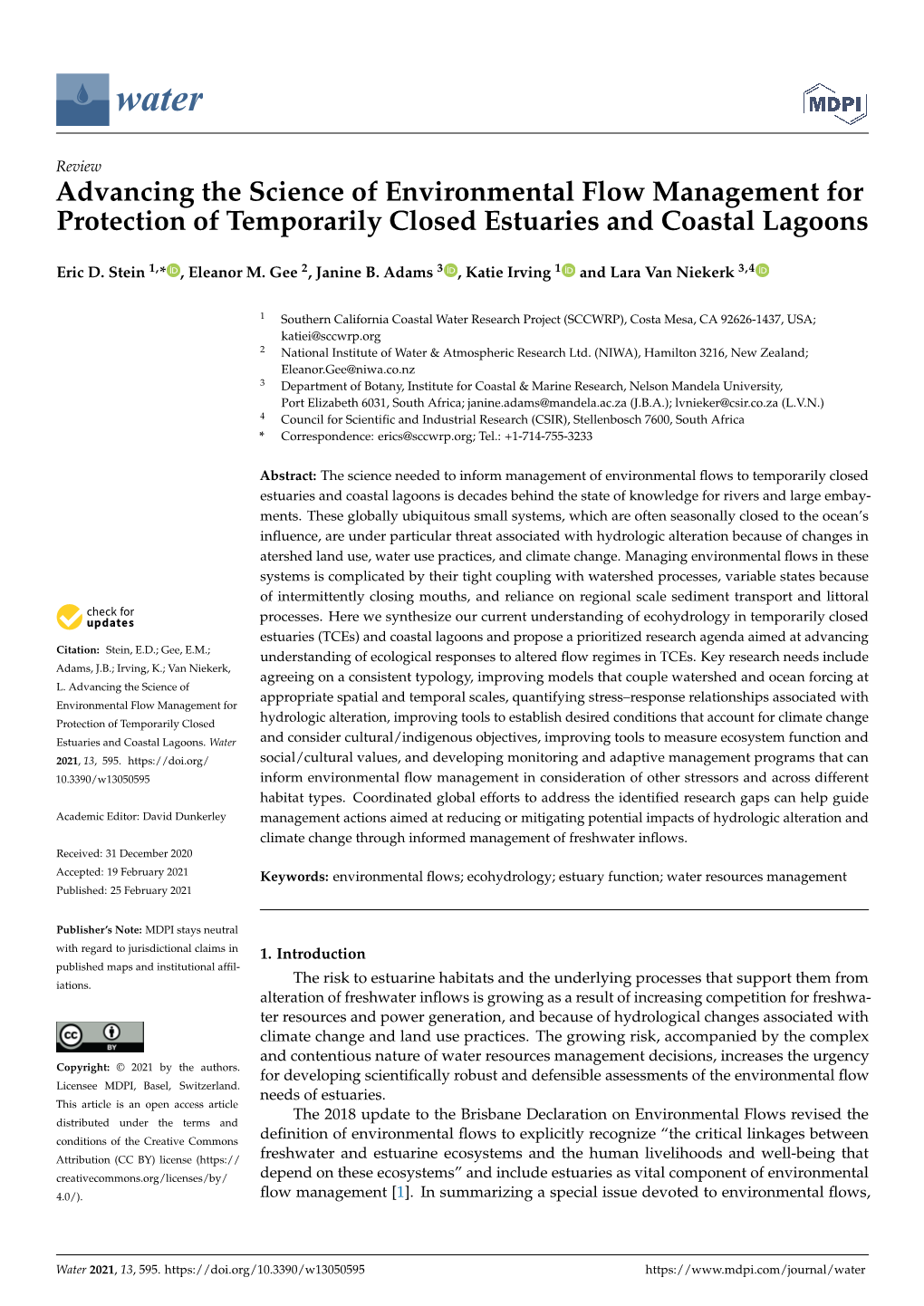 Advancing the Science of Environmental Flow Management for Protection of Temporarily Closed Estuaries and Coastal Lagoons