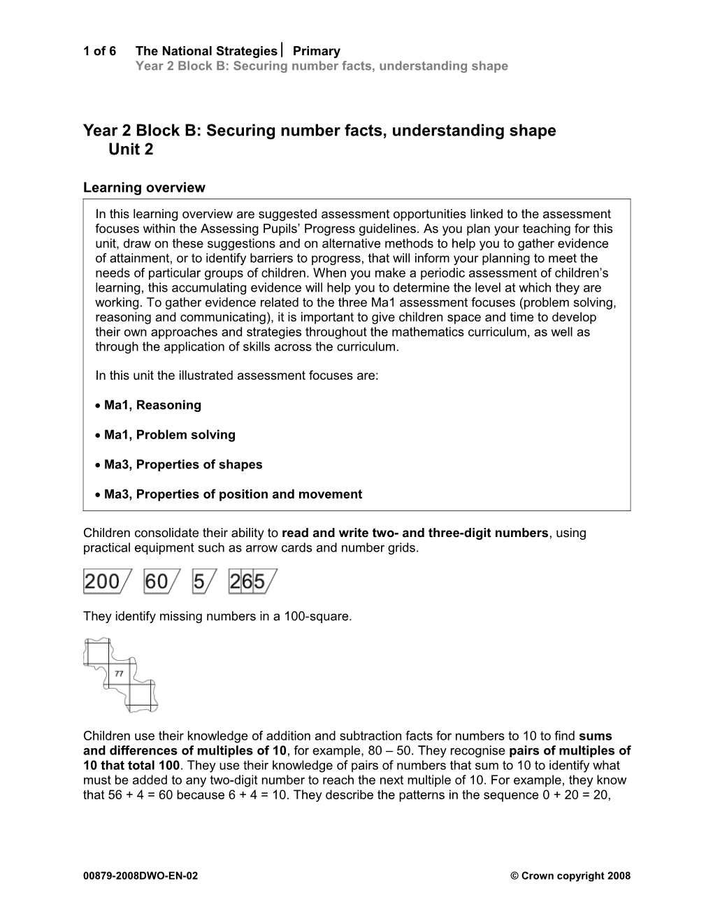 Year 2 Block B: Securing Number Facts, Understanding Shape Unit 2