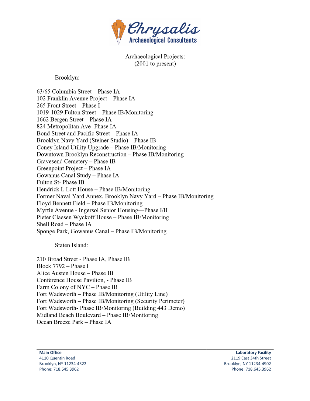 Archaeological Projects: (2001 to Present)