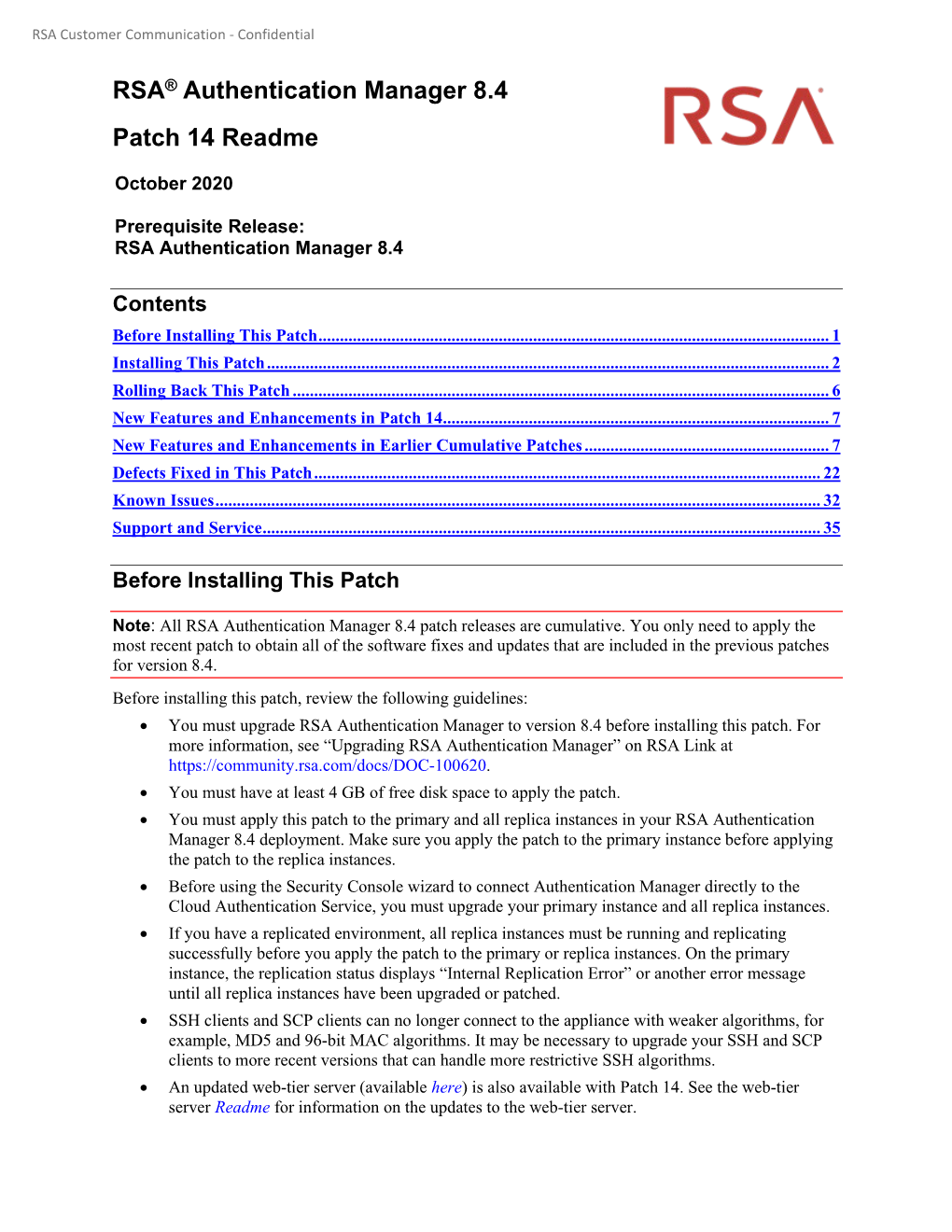 RSA® Authentication Manager 8.4 Patch 14 Readme