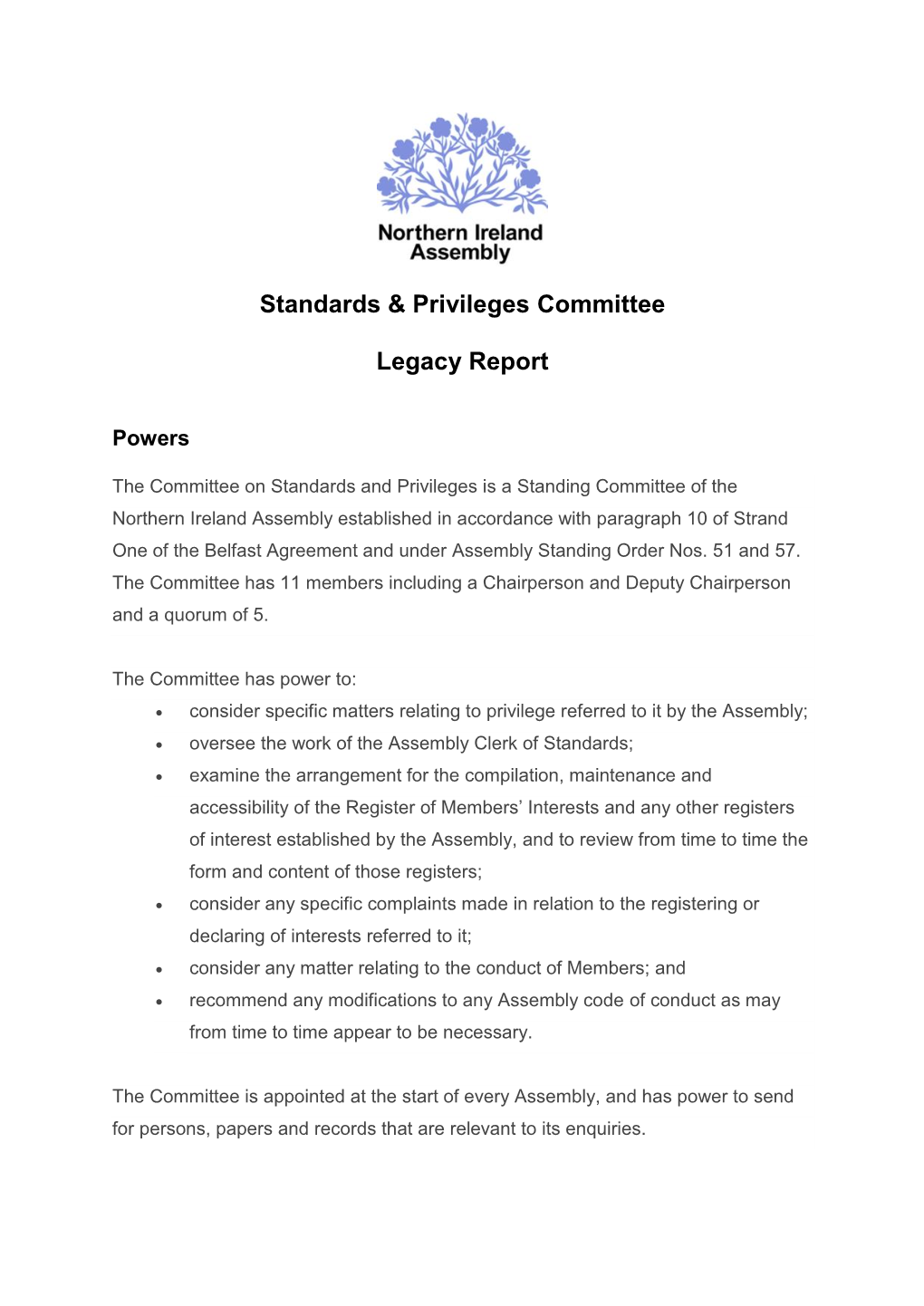 Standards & Privileges Committee Legacy Report