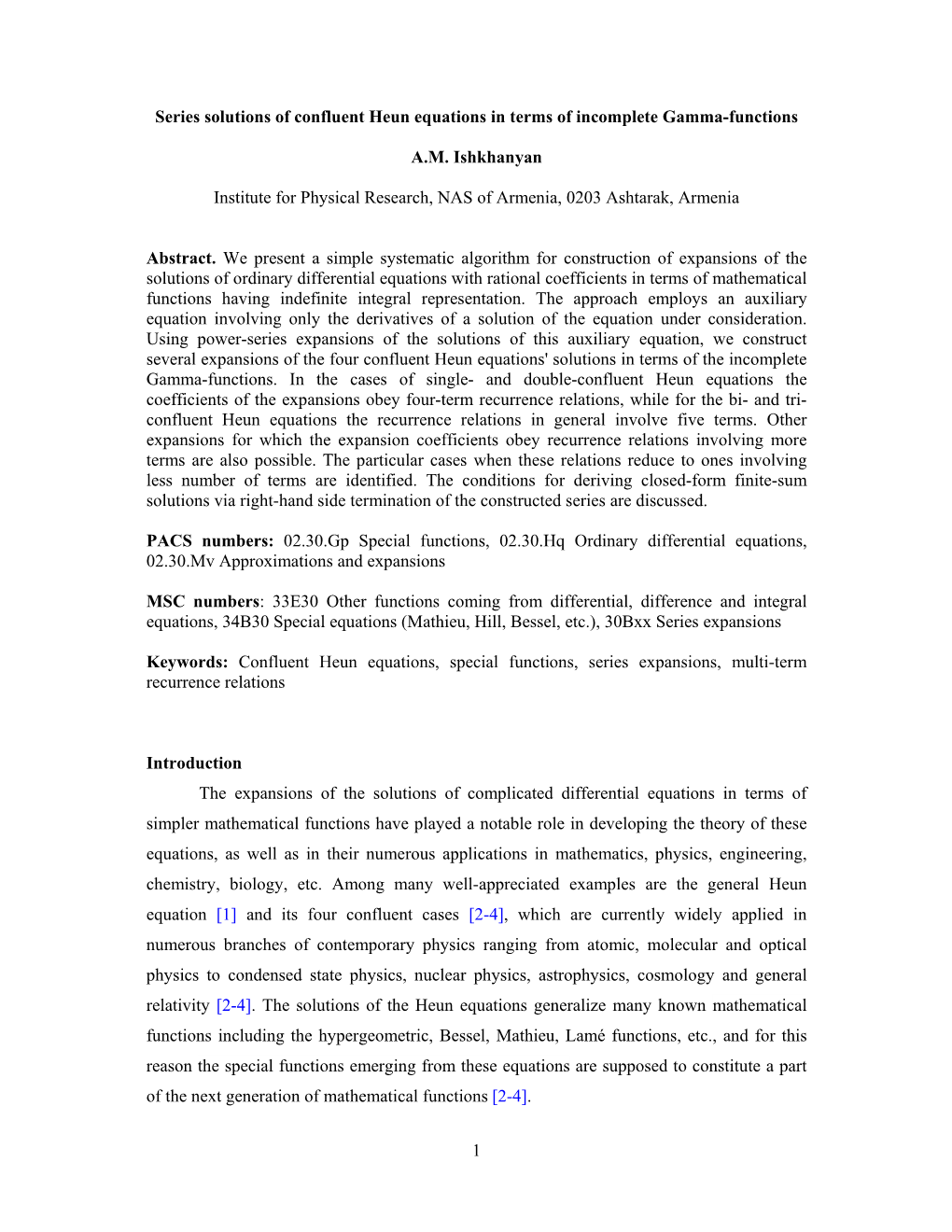 1 Series Solutions of Confluent Heun Equations in Terms of Incomplete