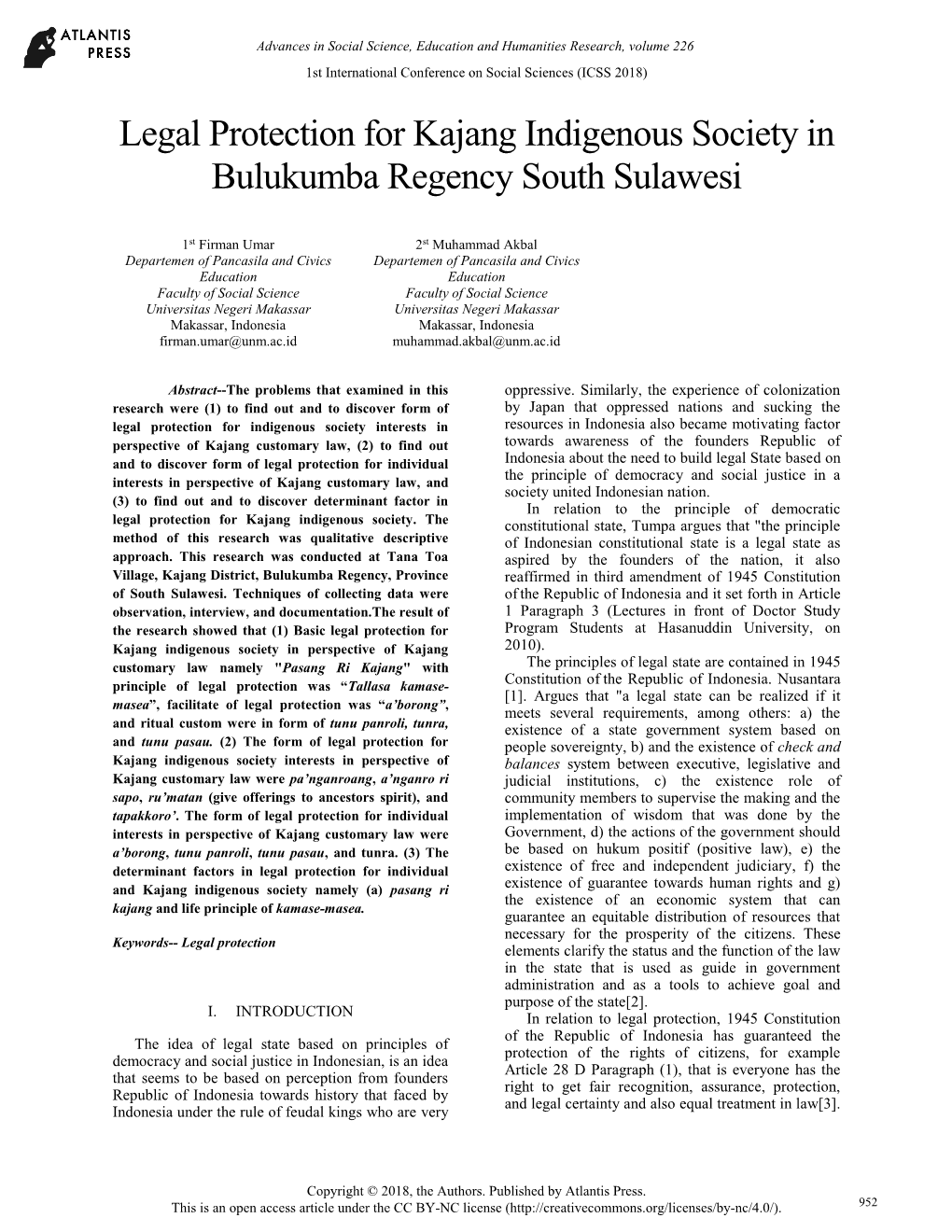 Legal Protection for Kajang Indigenous Society in Bulukumba Regency South Sulawesi