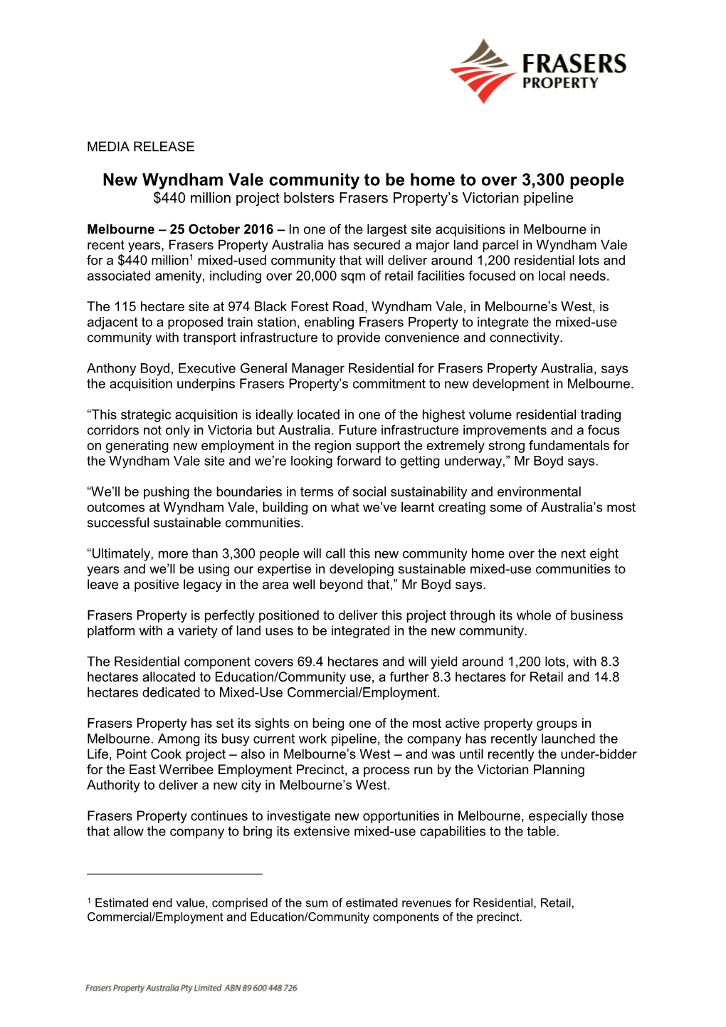 Fpa20161025new Wyndham Vale Community to Be Home to Over 3300