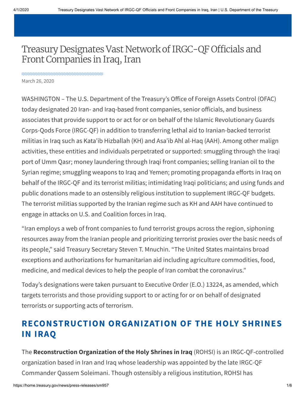 Treasury Designates Vast Network of IRGC-QF Officials and Front Companies in Iraq, Iran | U.S