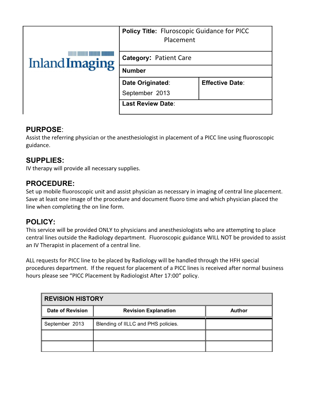 Policy Title: Fluroscopic Guidance for PICC