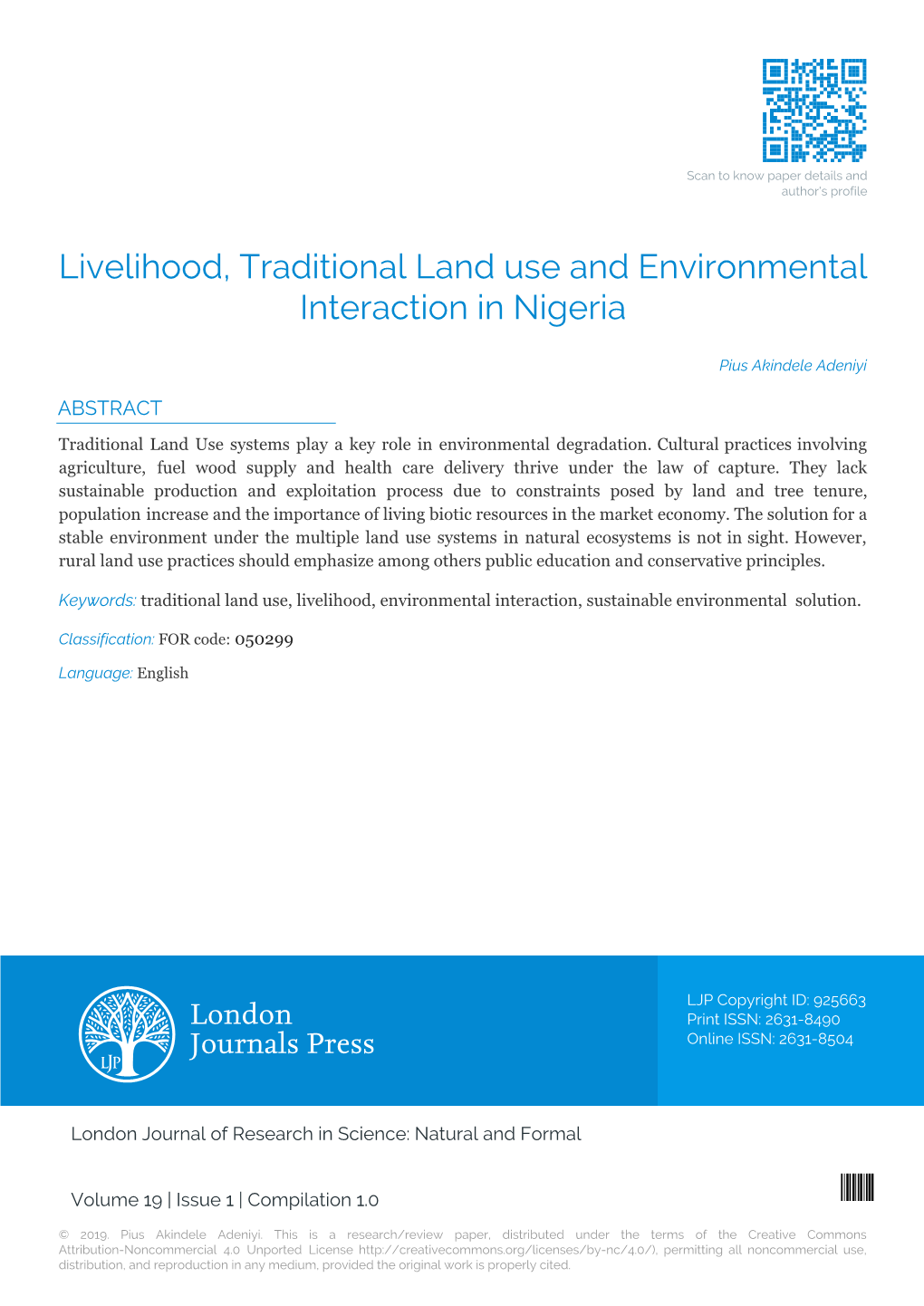 Livelihood, Traditional Land Use and Environmental Interaction in Nigeria