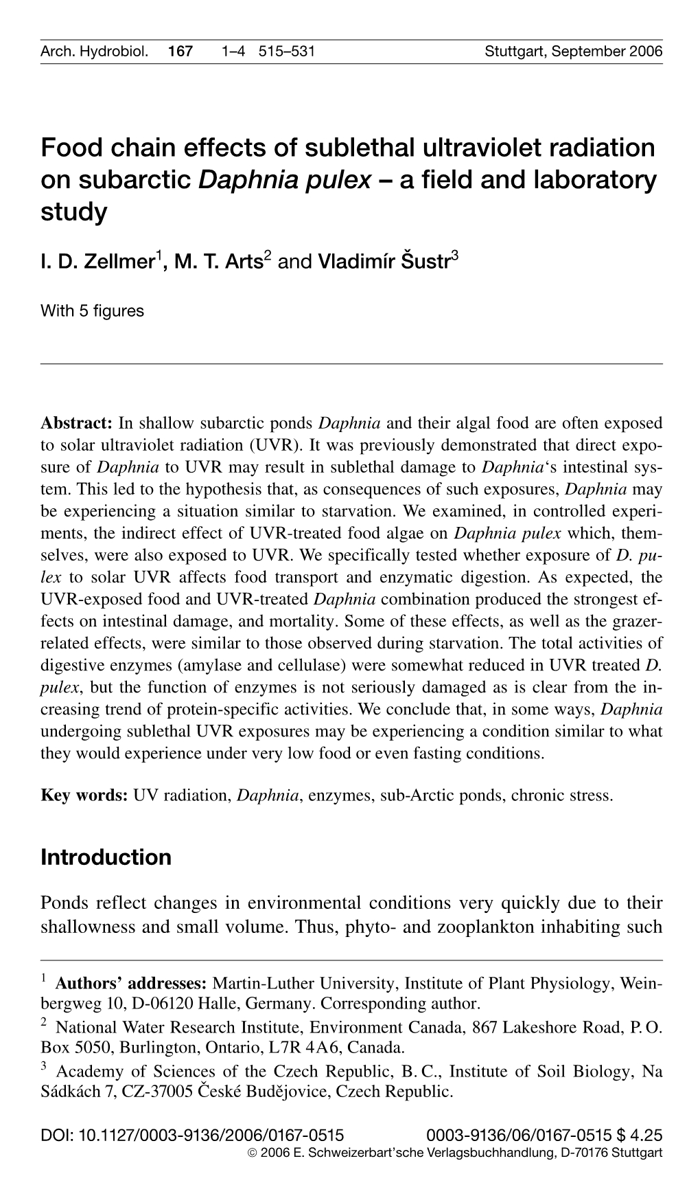 Food Chain Effects of Sublethal Ultraviolet Radiation on Subarctic Daphnia Pulex – a Field and Laboratory Study