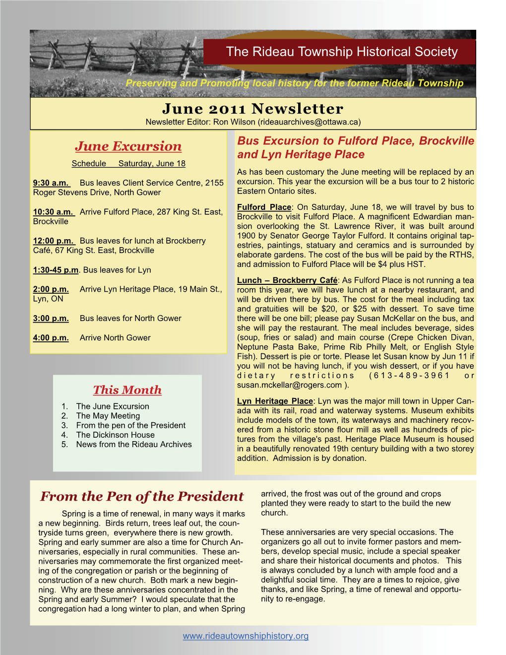 June 2011 Newsletter Newsletter Editor: Ron Wilson (Rideauarchives@Ottawa.Ca)