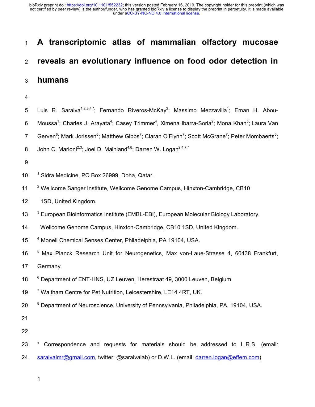 A Transcriptomic Atlas of Mammalian Olfactory Mucosae Reveals an Evolutionary Influence on Food Odor Detection in Humans