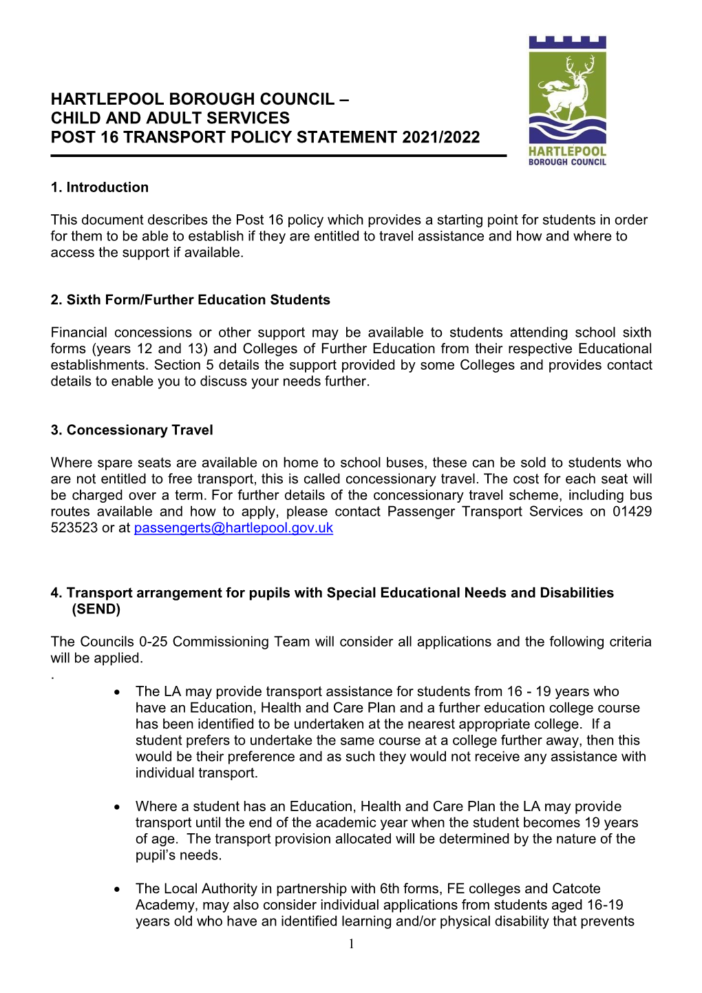 Child and Adult Services Post 16 Transport Policy Statement 2021/2022