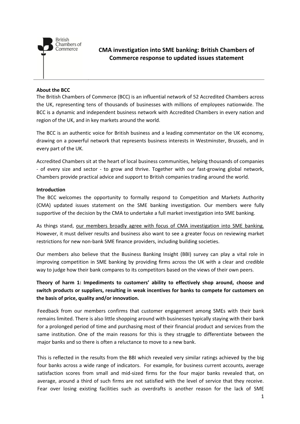 CMA Investigation Into SME Banking: British Chambers of Commerce Response to Updated Issues Statement