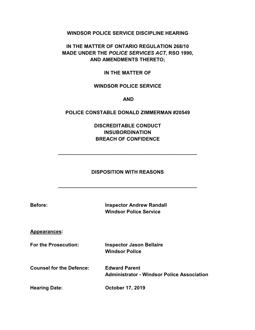 Windsor Police Service Discipline Hearing in The