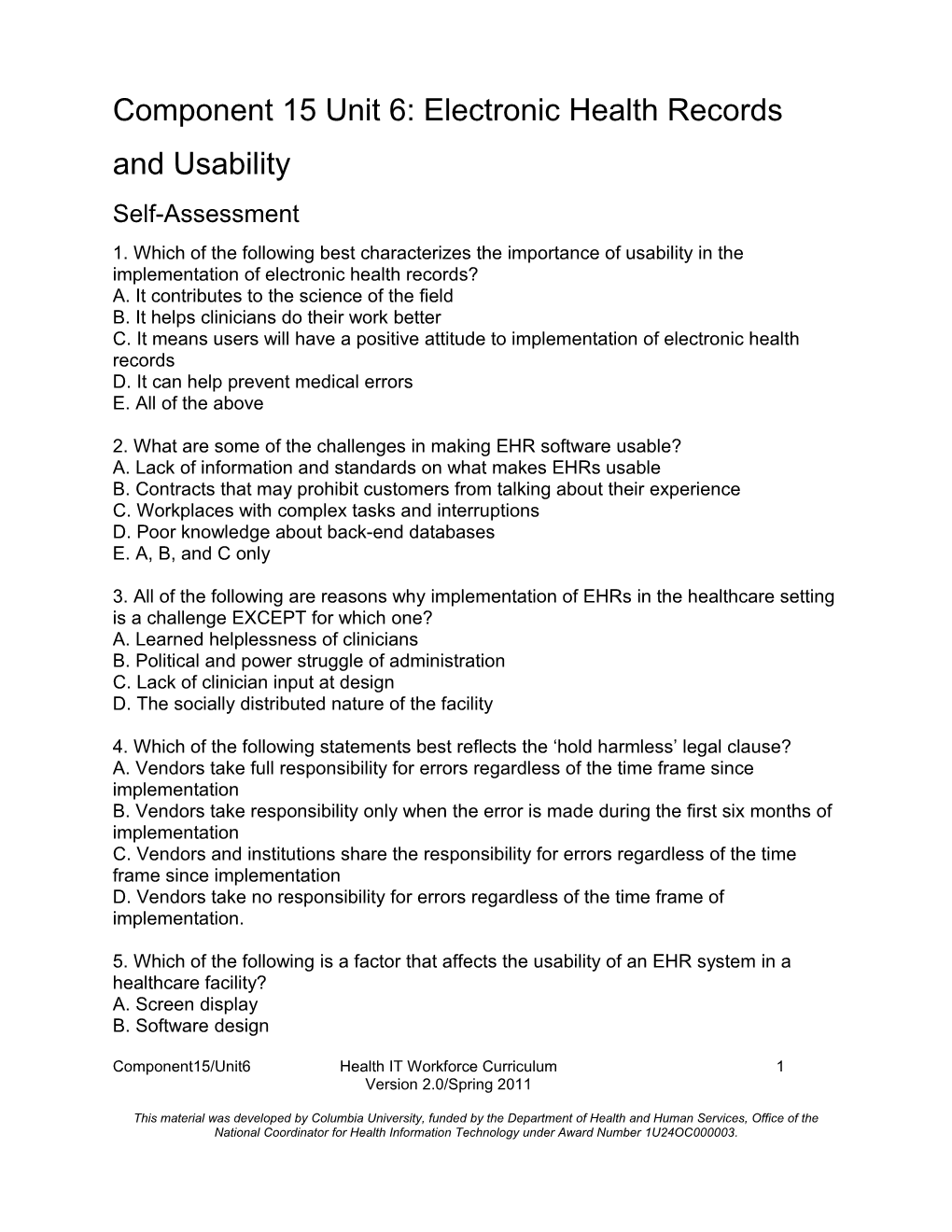 Component 15 Unit 6: Electronic Health Records and Usability