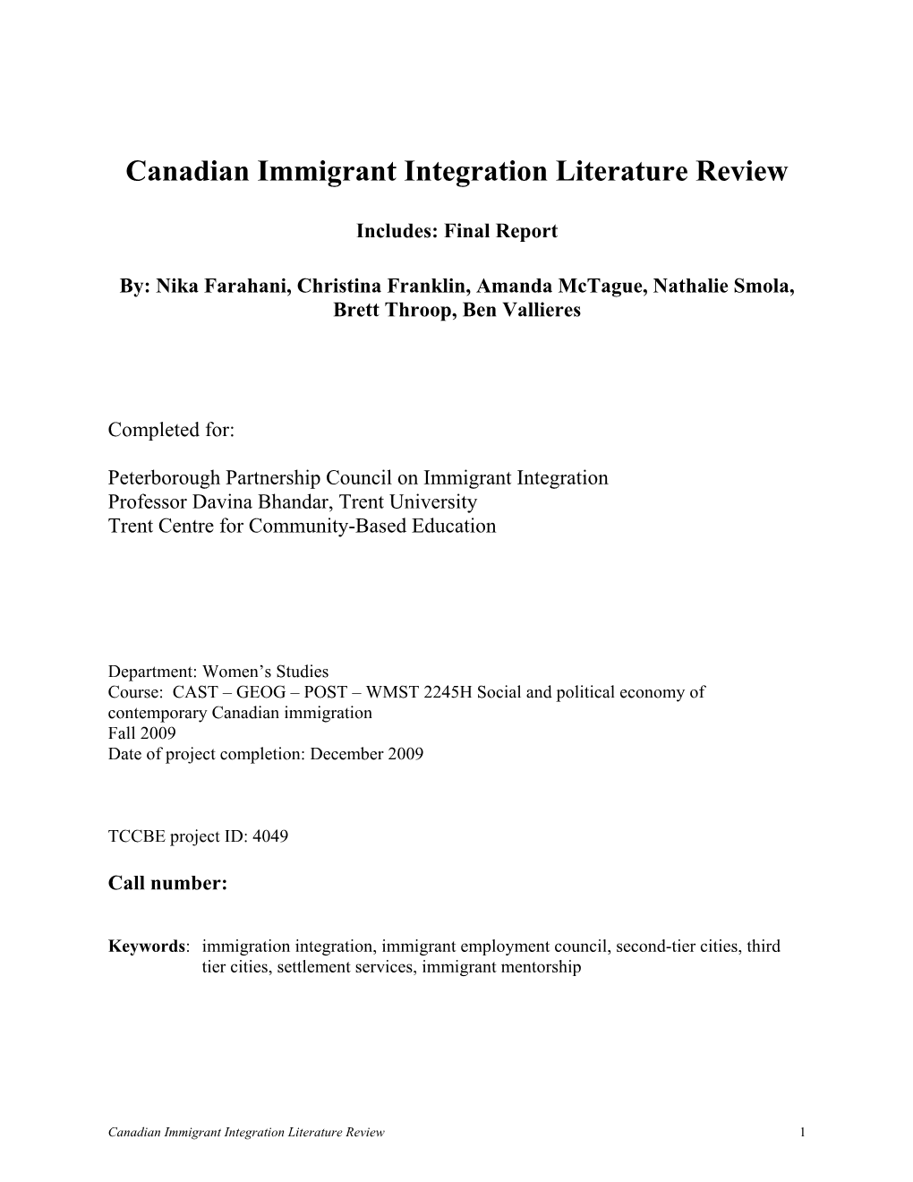 Canadian Immigrant Integration Literature Review