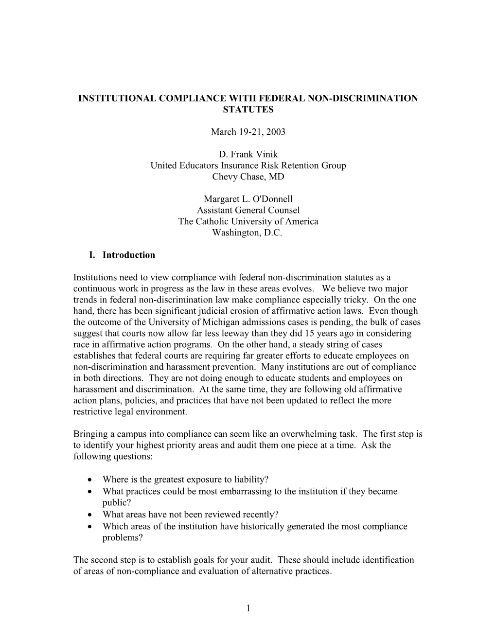 Institutional Compliance With Federal Non-Discrimination Statutes