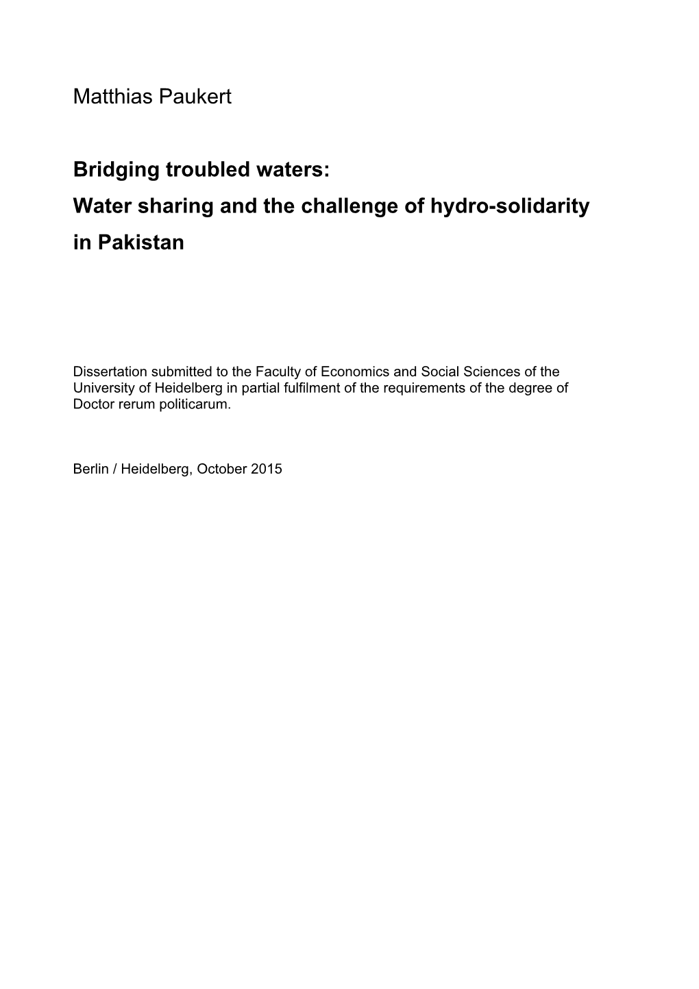 Water Sharing and the Challenge of Hydro-Solidarity in Pakistan