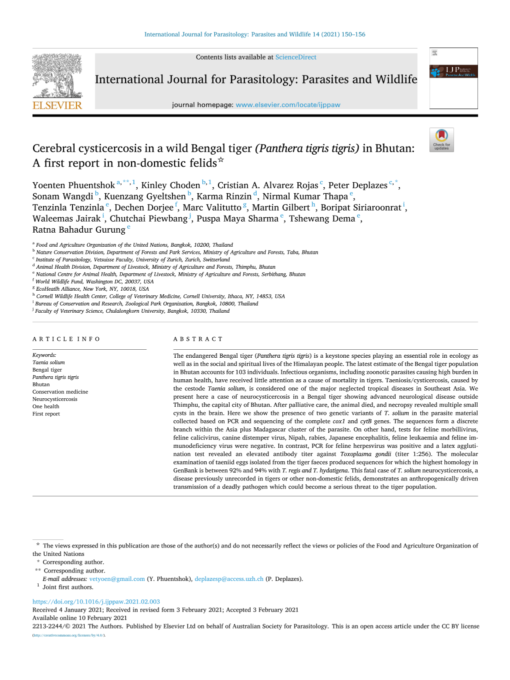 Panthera Tigris Tigris) in Bhutan: ☆ a First Report in Non-Domestic Felids