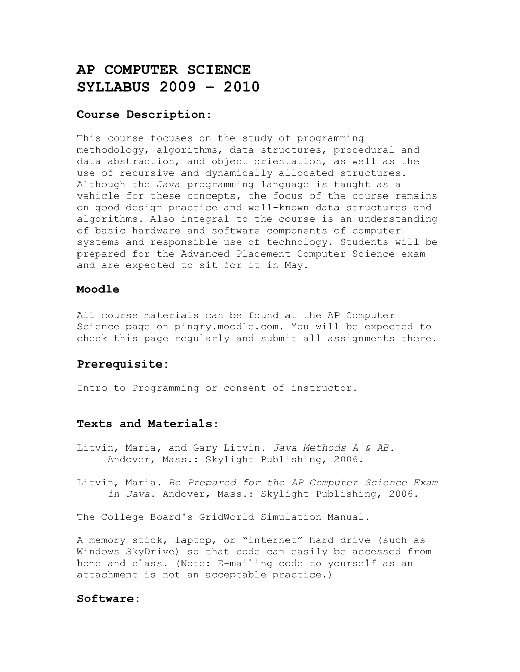 Ap Computer Science Syllabus 2009 – 2010