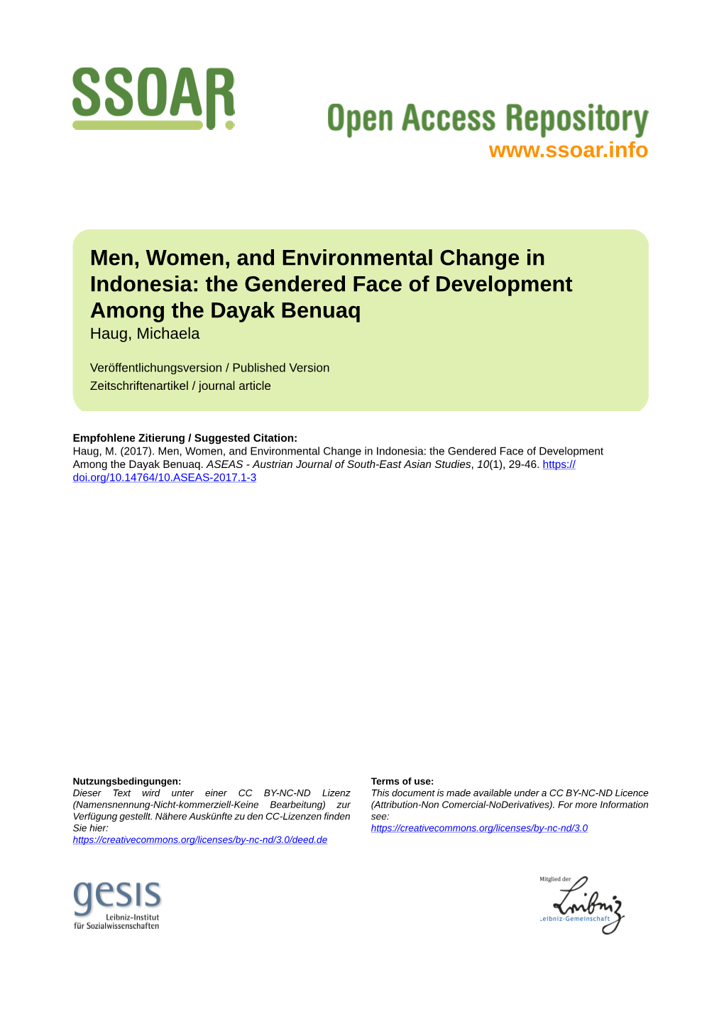 Men, Women, and Environmental Change in Indonesia: the Gendered Face of Development Among the Dayak Benuaq Haug, Michaela