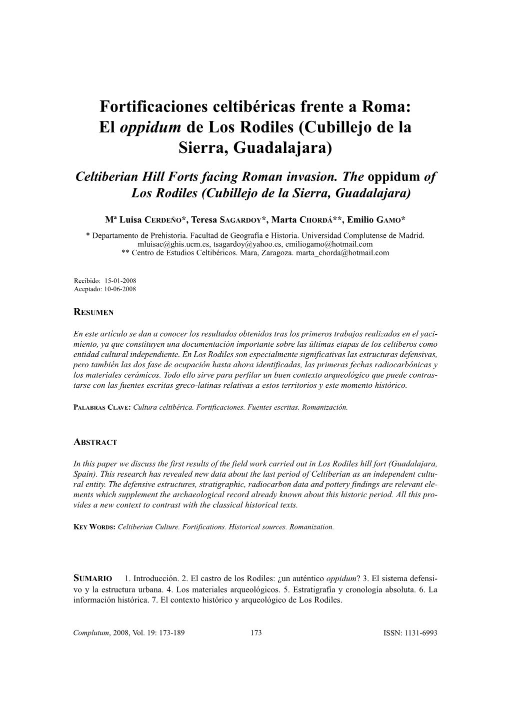 El Oppidum De Los Rodiles (Cubillejo De La Sierra, Guadalajara) Celtiberian Hill Forts Facing Roman Invasion