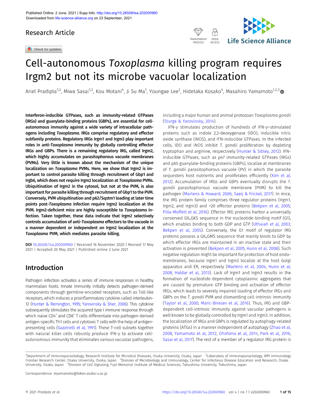 Cell-Autonomous Toxoplasma Killing Program Requires Irgm2 but Not Its Microbe Vacuolar Localization