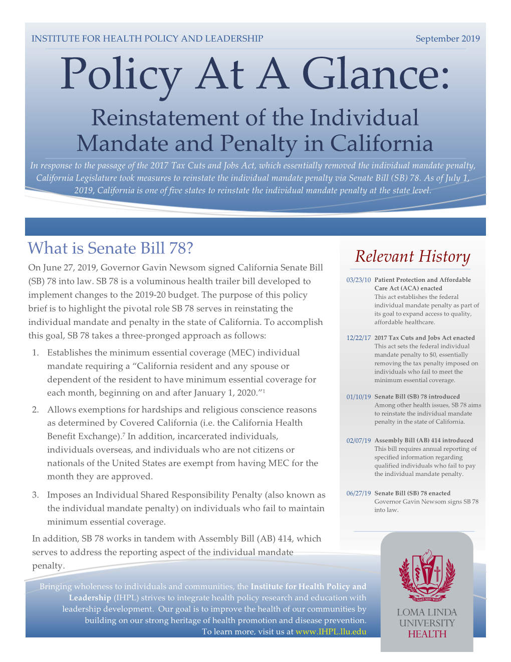 September 2019. Reinstatement of the Individual Mandate and Penalty In