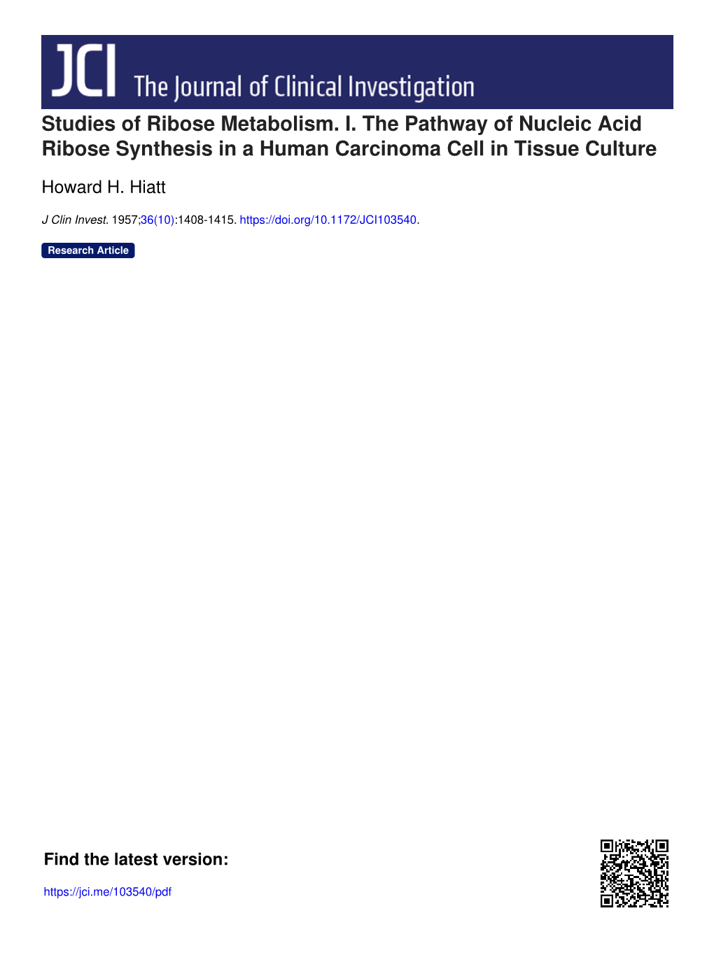 Studies of Ribose Metabolism. I. the Pathway of Nucleic Acid Ribose Synthesis in a Human Carcinoma Cell in Tissue Culture