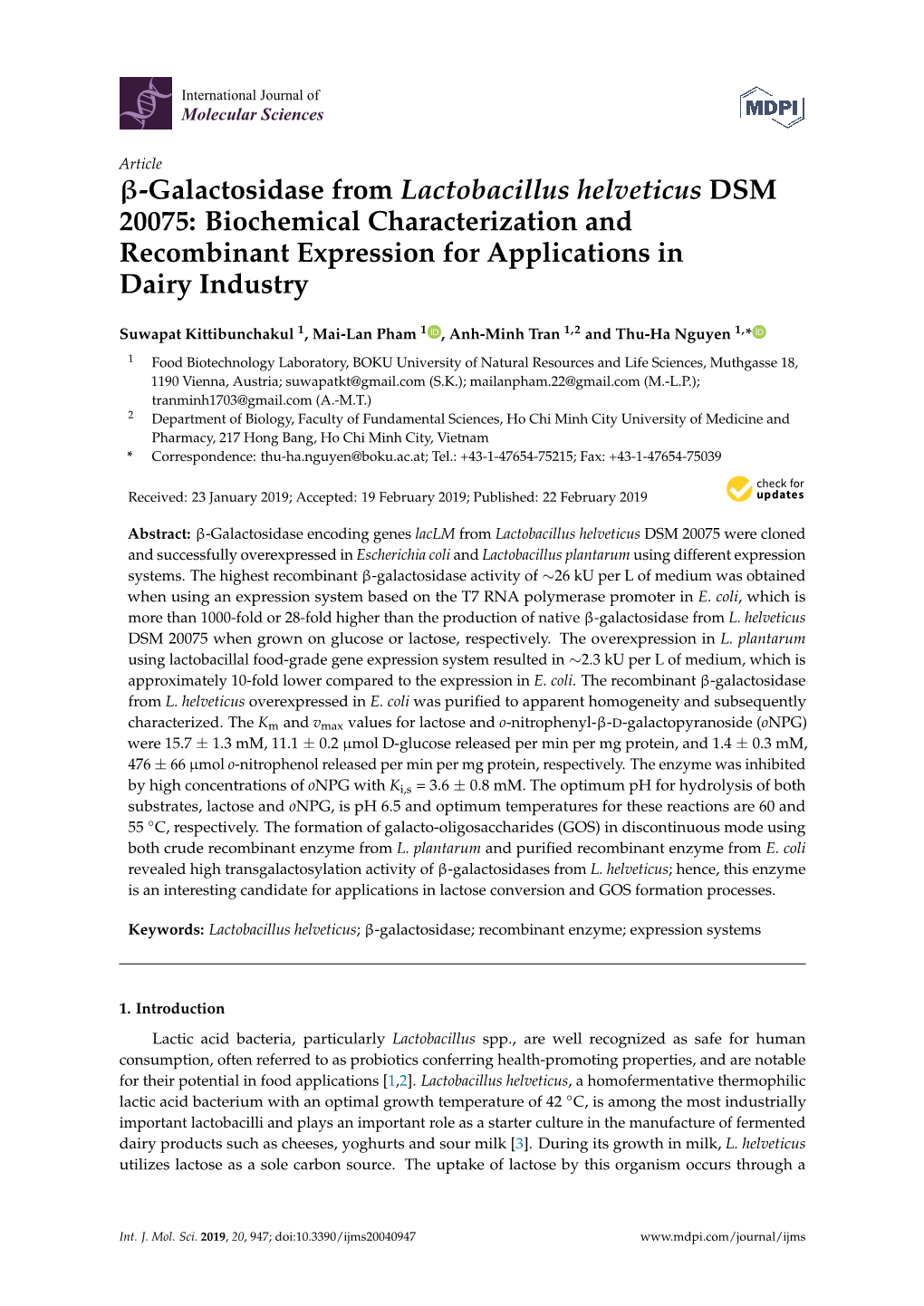 Galactosidase from Lactobacillus Helveticus DSM 20075: Biochemical Characterization and Recombinant Expression for Applications in Dairy Industry