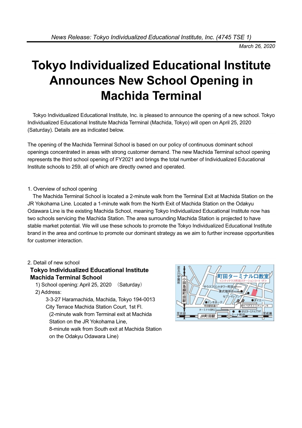 Tokyo Individualized Educational Institute Announces New School Opening in Machida Terminal