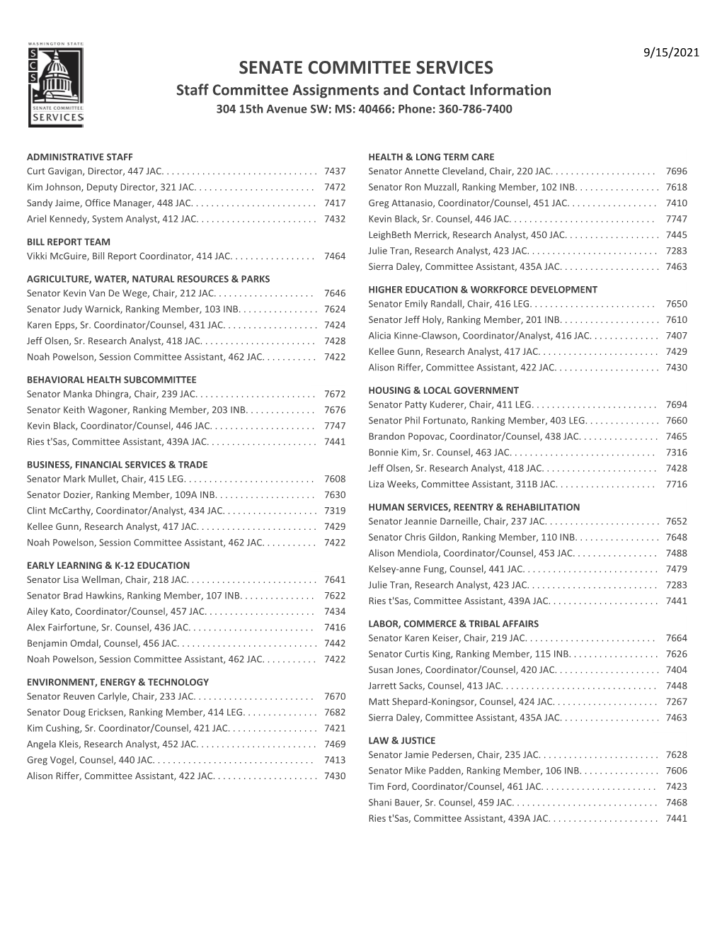 SENATE COMMITTEE SERVICES Staff Committee Assignments and Contact Information 304 15Th Avenue SW; MS: 40466; Phone: 360‐786‐7400