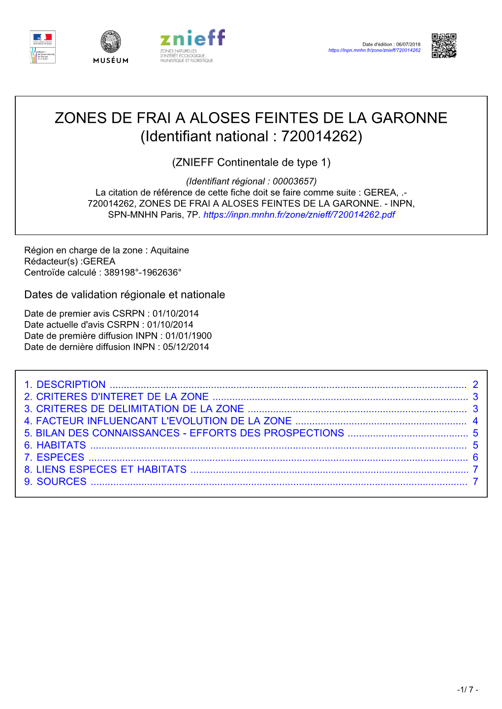 ZONES DE FRAI a ALOSES FEINTES DE LA GARONNE (Identifiant National : 720014262)