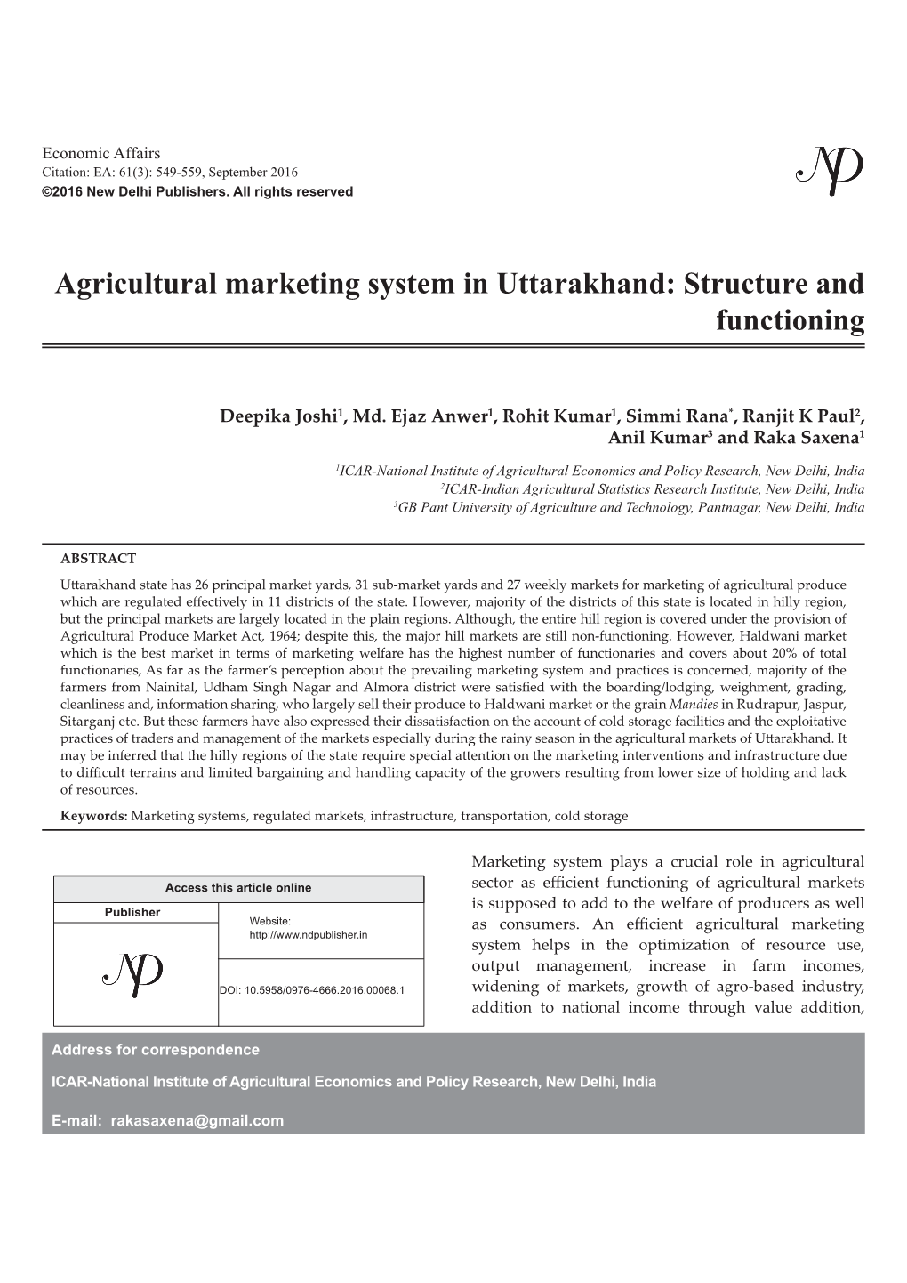 Agricultural Marketing System in Uttarakhand: Structure and Functioning