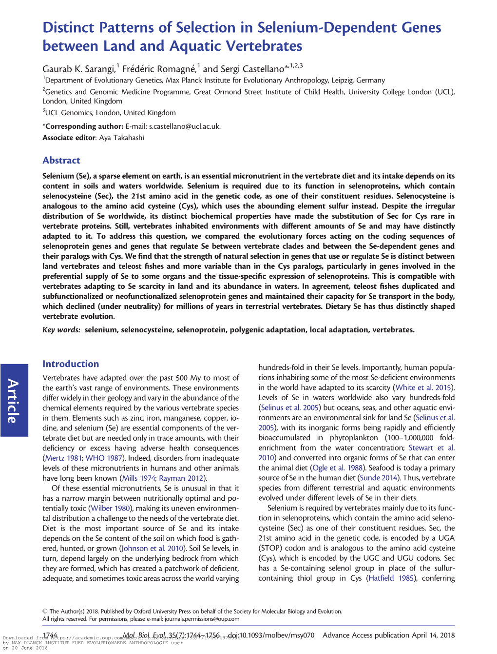 Distinct Patterns of Selection in Selenium-Dependent Genes Between Land and Aquatic Vertebrates Article