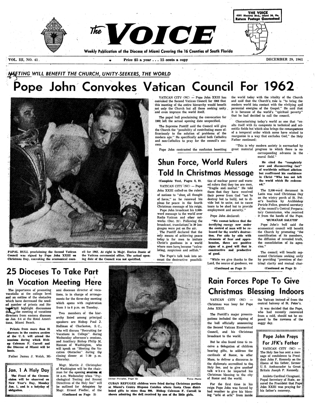 Pope John Convokes Vatican Council for 1962