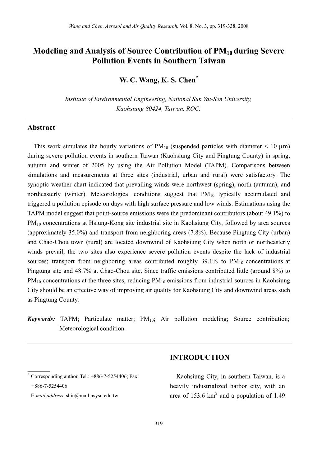 Modeling and Analysis of Source Contribution of PM10 During Severe Pollution Events in Southern Taiwan