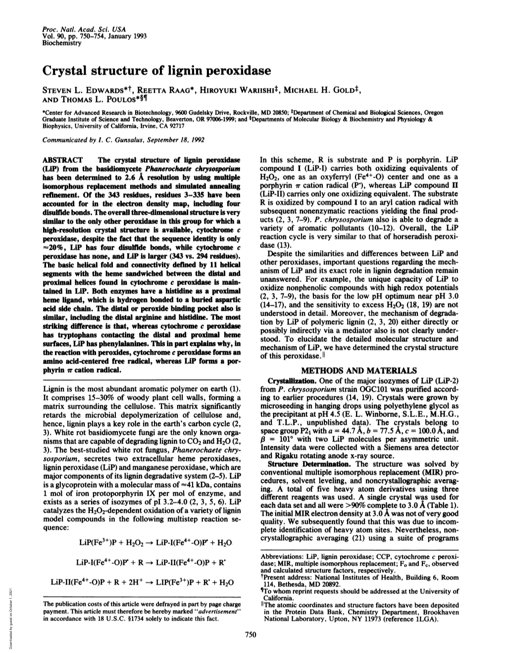 Crystal Structure of Lignin Peroxidase STEVEN L