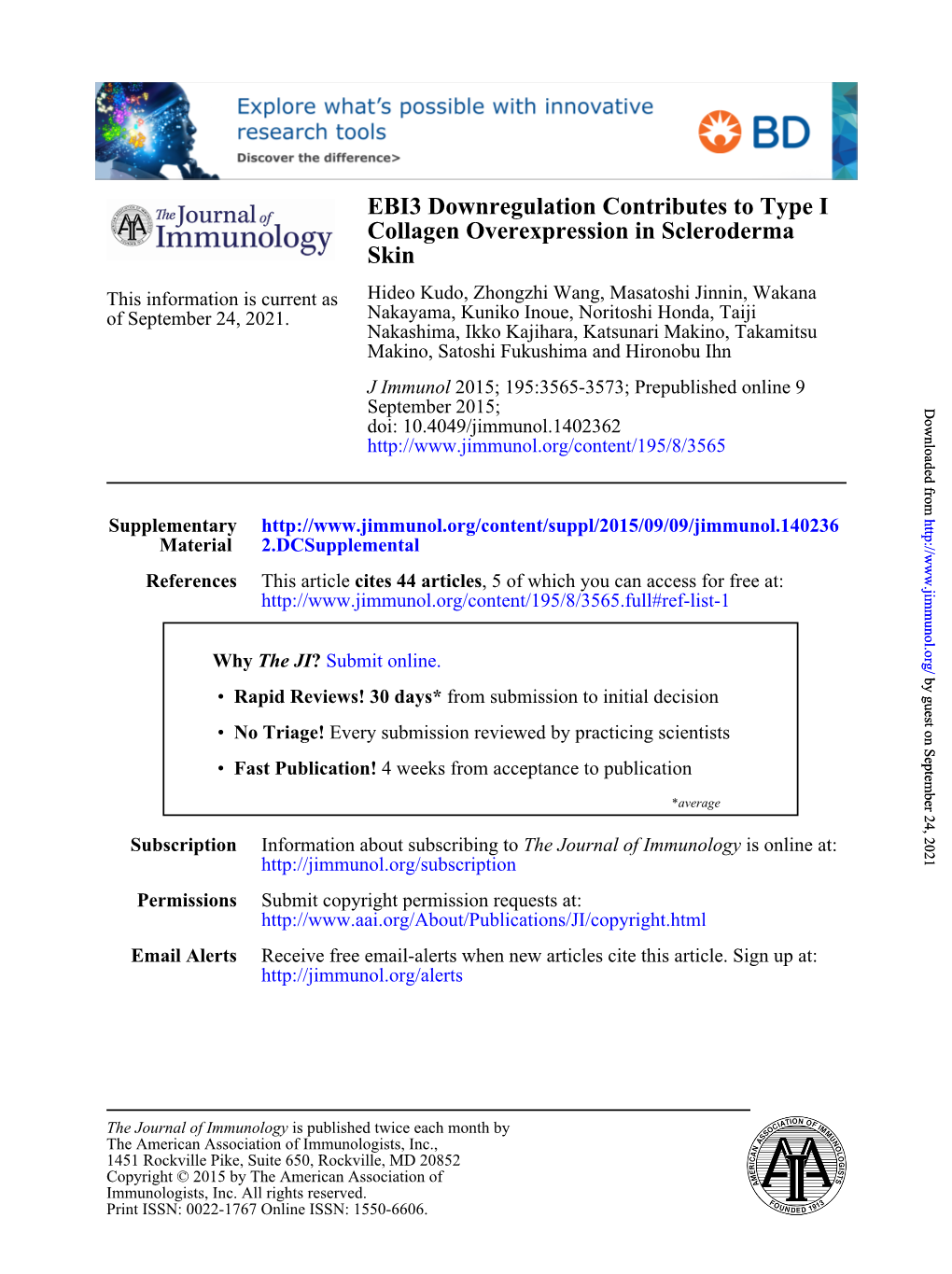 Skin Collagen Overexpression in Scleroderma EBI3 Downregulation