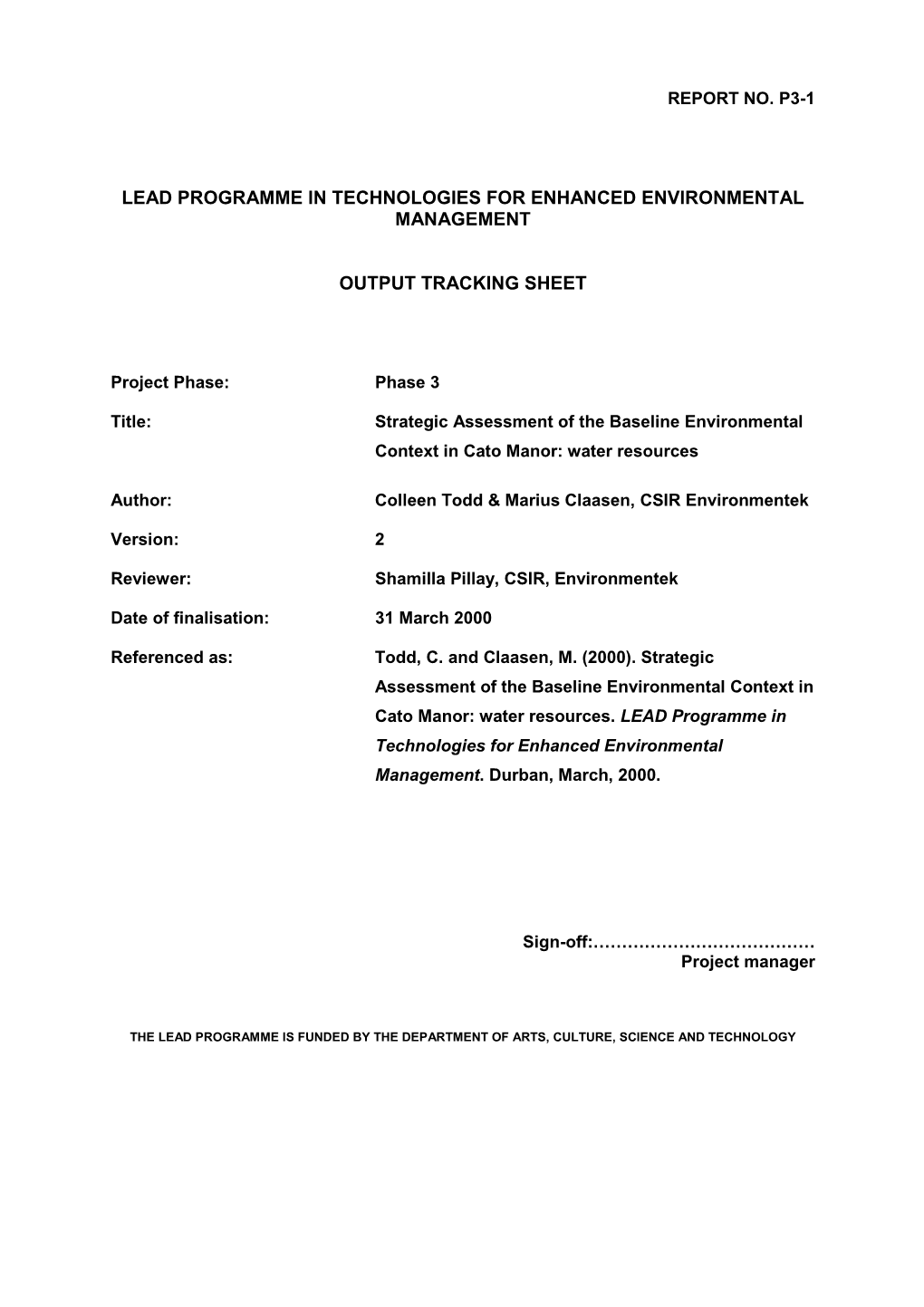 Lead Programme in Technologies for Enhanced Environmental Management