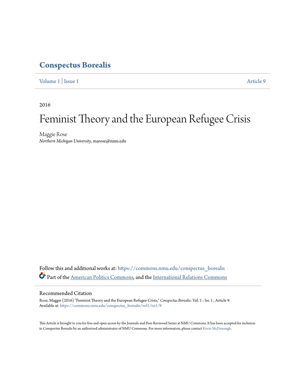 Feminist Theory and the European Refugee Crisis Maggie Rose Northern Michigan University, Marose@Nmu.Edu