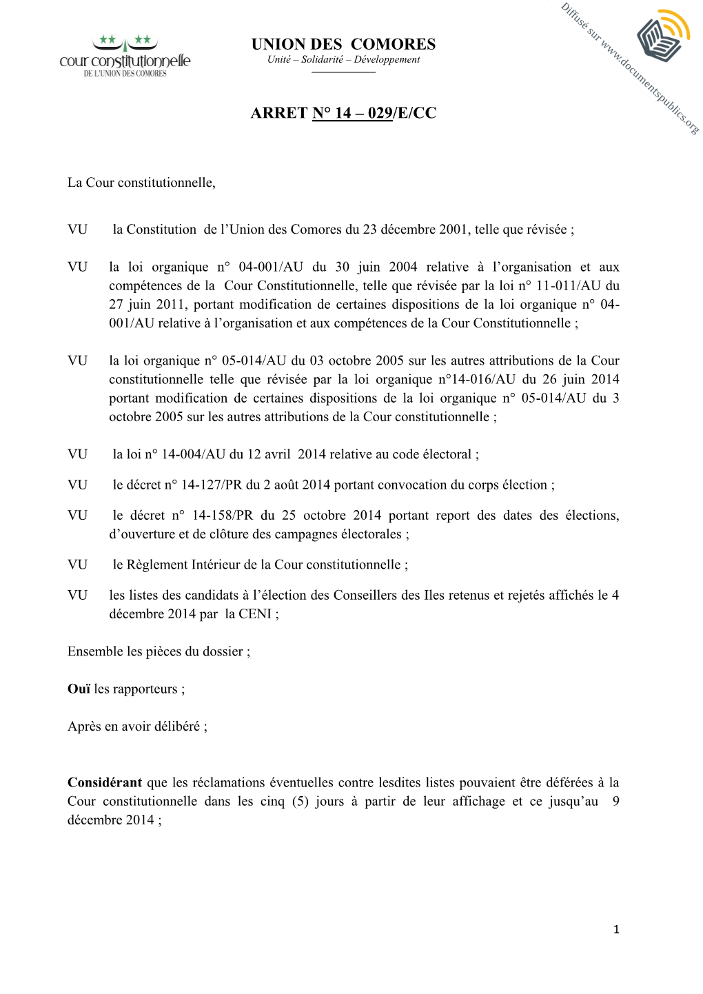Union Des Comores Arret N° 14 – 029/E/Cc