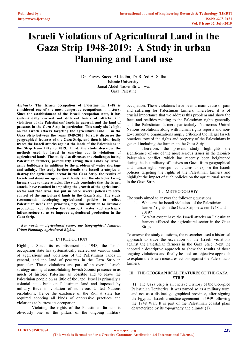 Israeli Violations of Agricultural Land in the Gaza Strip 1948-2019: a Study in Urban Planning and Land Use