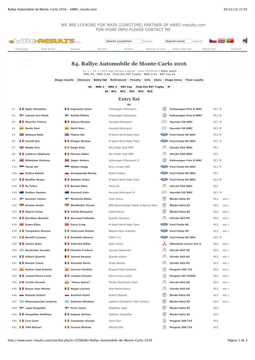 Rallye Automobile De Monte-Carlo 2016 - Ewrc-Results.Com 30/12/15 17:45