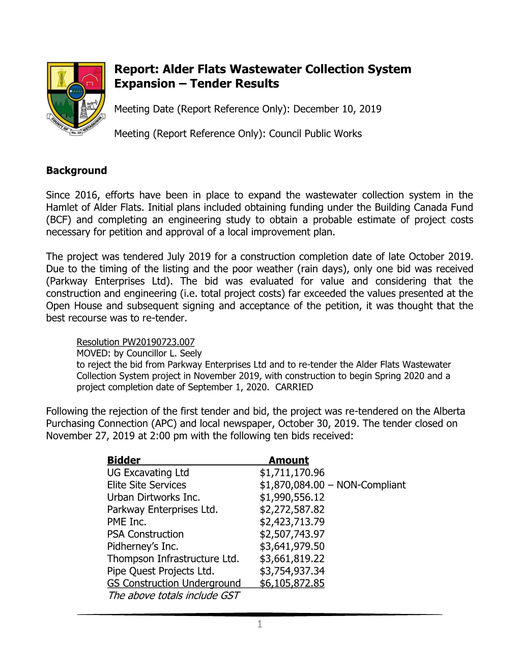 Alder Flats Wastewater Collection System Expansion – Tender Results