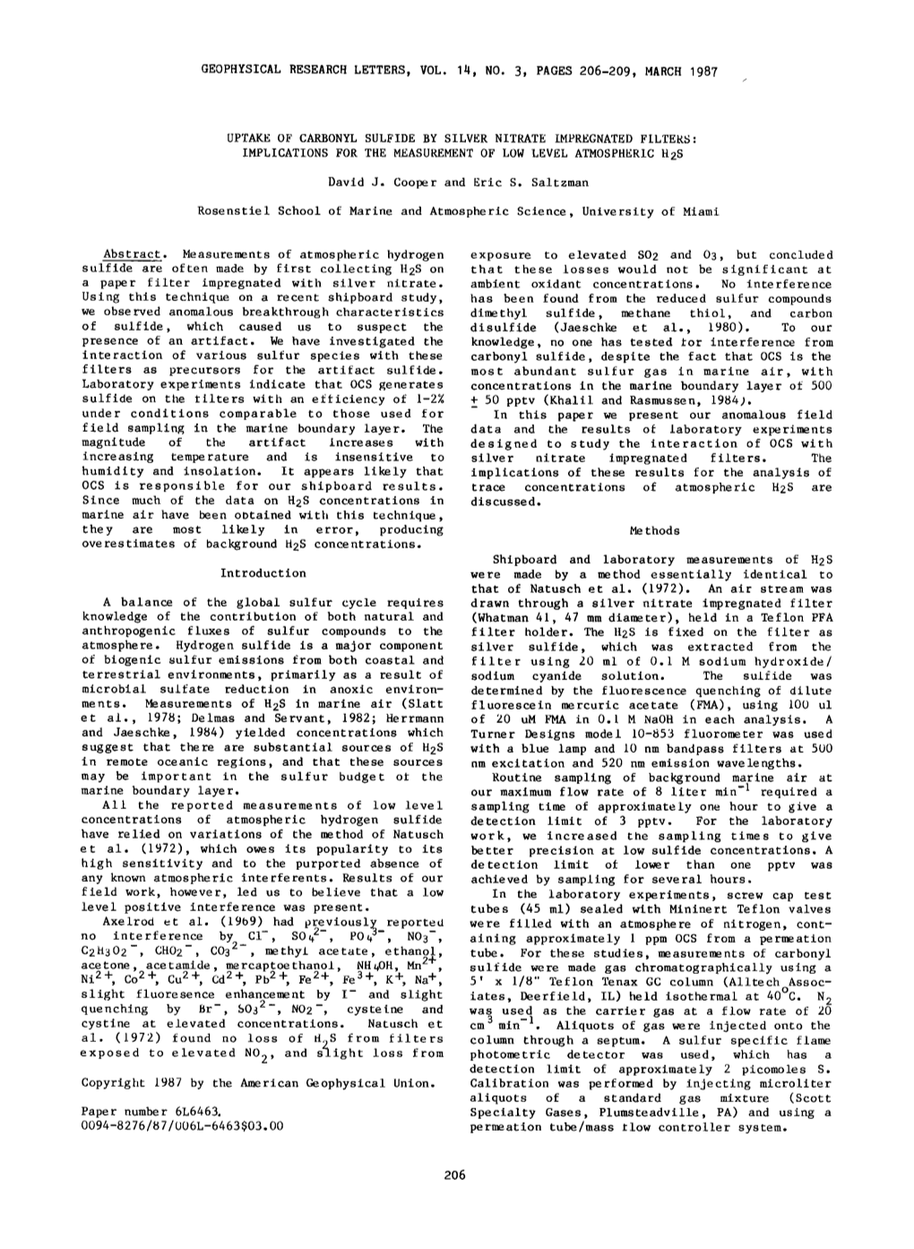 Uptake of Carbonyl Sulfide by Silver Nitrate Impregnated Filters: Implications for the Measurementof Low Level Atmospheric H2s