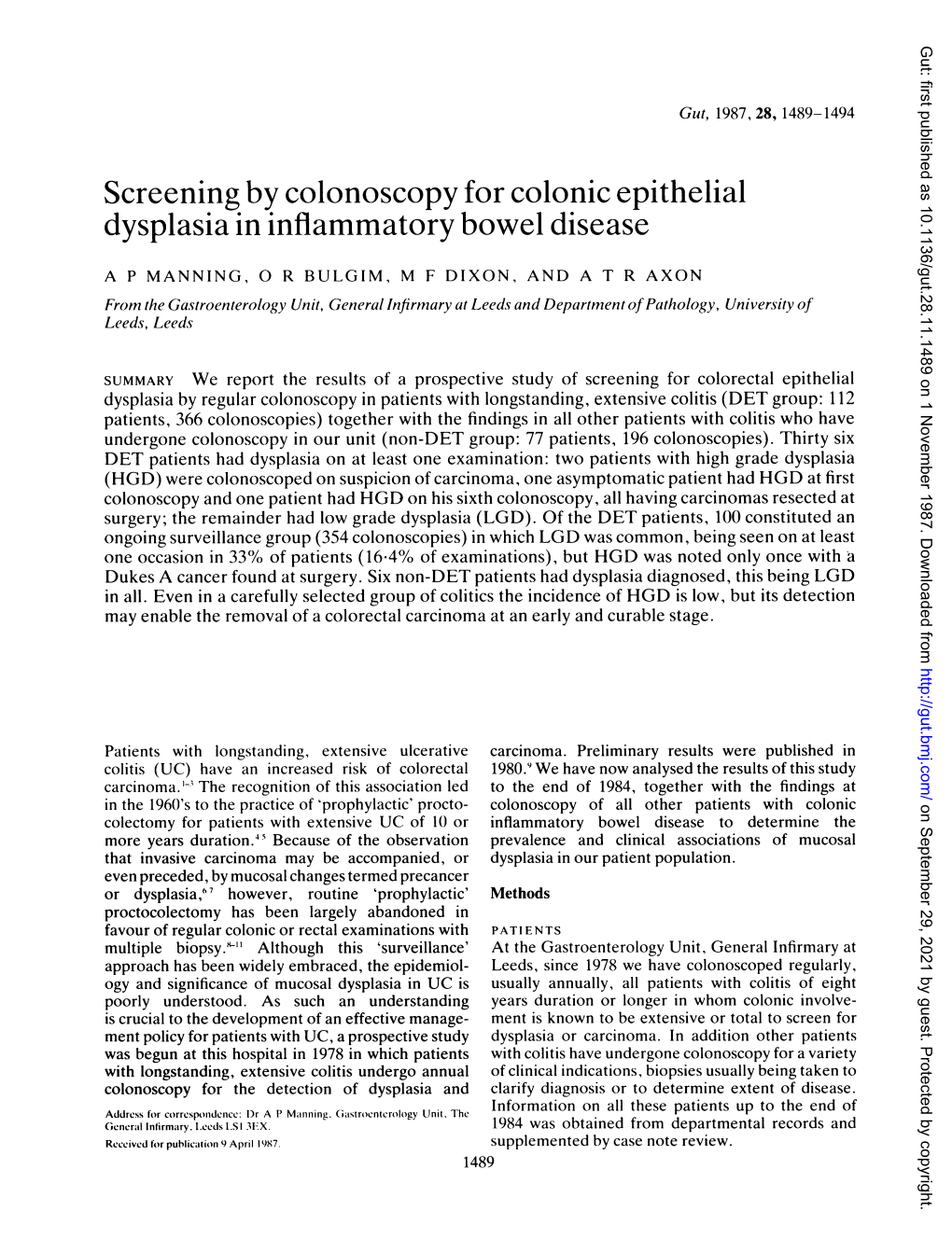 Screening by Colonoscopy for Colonic Epithelial Dysplasia in Inflammatory Bowel Disease