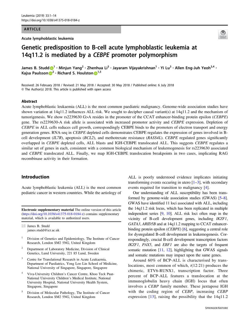 Genetic Predisposition to B-Cell Acute Lymphoblastic Leukemia at 14Q11.2 Is Mediated by a CEBPE Promoter Polymorphism