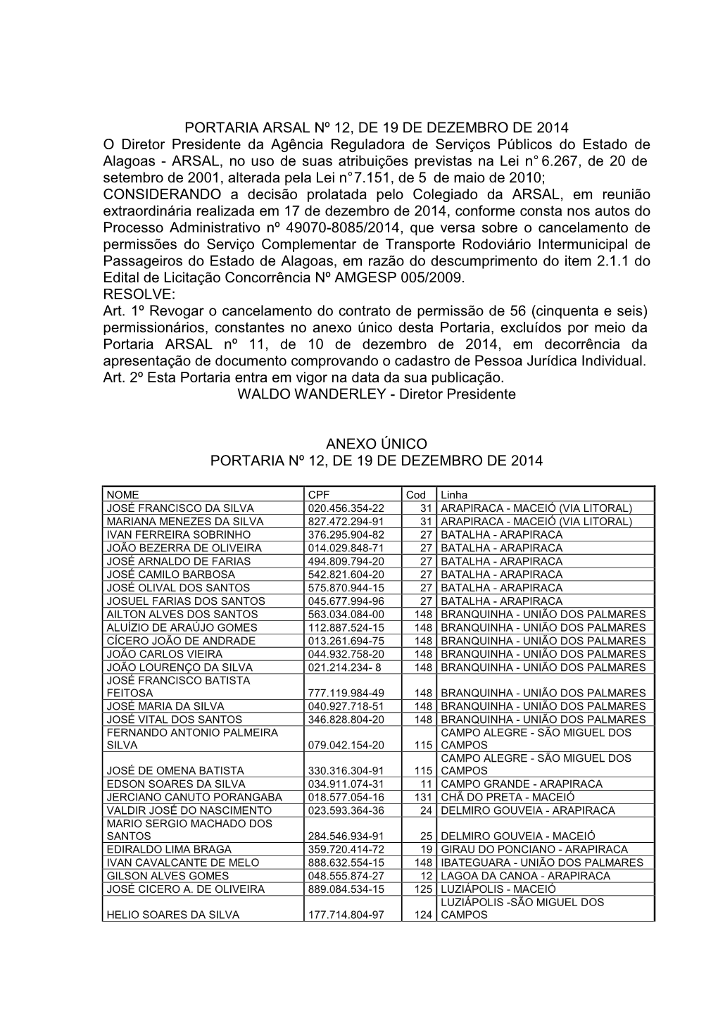 Portaria Arsal Nº 12, De 19 De Dezembro De 2014